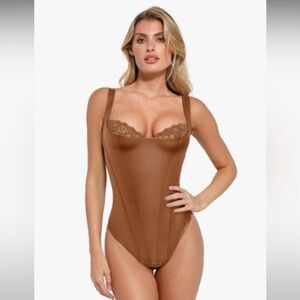 NWT - Popilush Shapewear Faux Leather Lace Balconette Sculpting Bodysuit - Brown